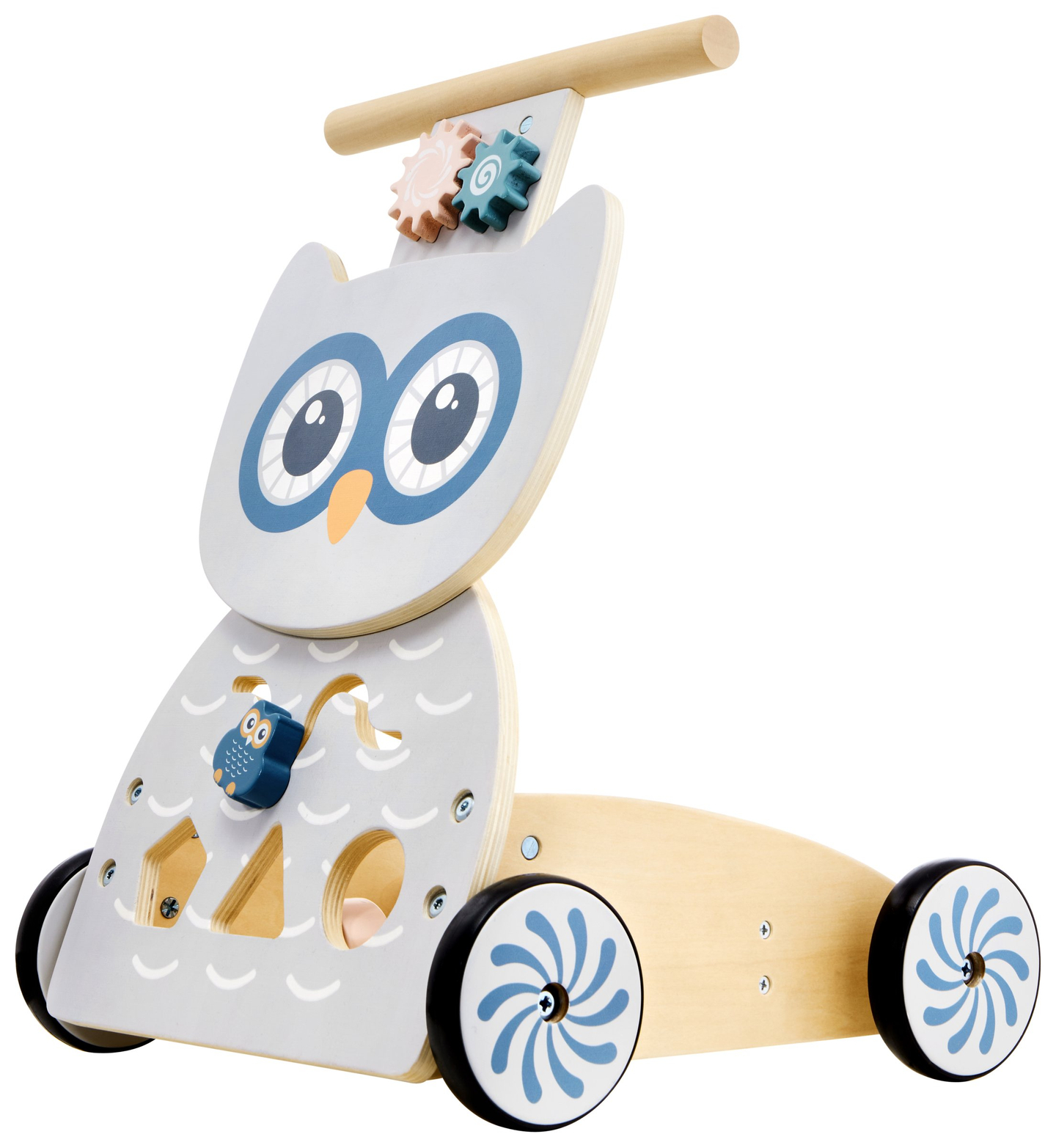 Koka daudzfunkcionāls stūmējs - stūmējs - ratiņi ar klučiem - Pūce