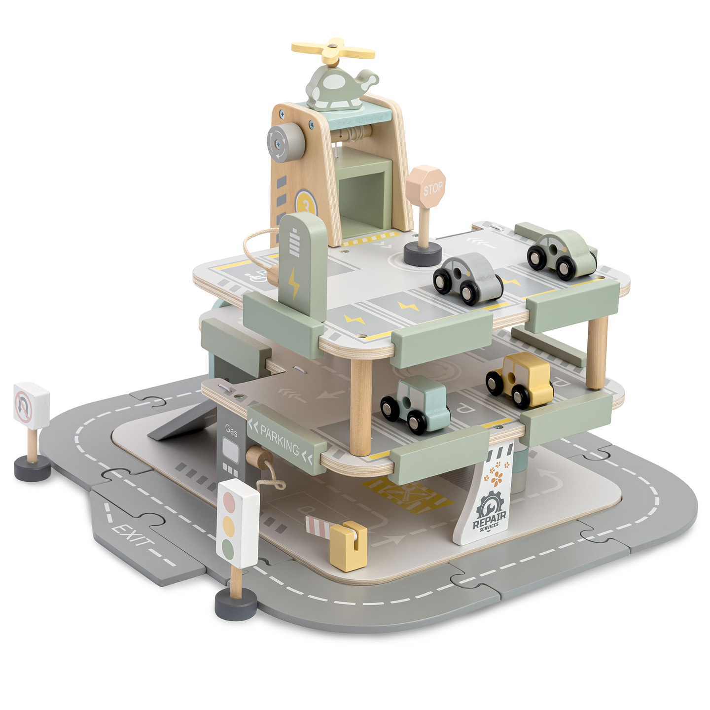 Koka trīsstāvu garāža bērniem ar aksesuāriem – autostāvvieta, degvielas uzpildes stacija, automazgātava, helikopters