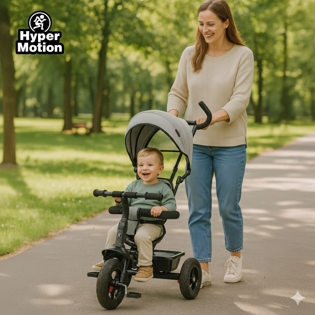 Tricikls bērniem no 1 līdz 4 gadiem - TOBI FREY - pelēka krāsa - grozāms - sūkņa riteņi + stūmējs