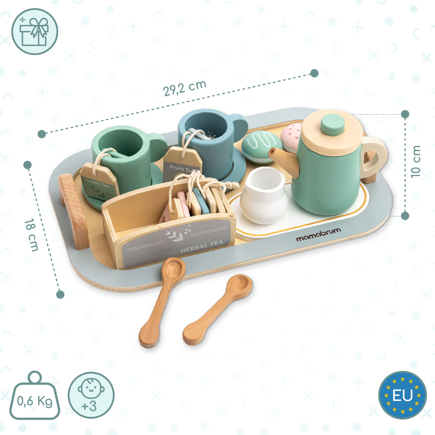 Liels koka tējas piederumu komplekts ar paplāti - 18 gab