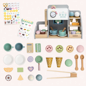 Liels koka saldējuma salons ar magnētisko tāfeli, kafijas automātu un saldējuma un desertu komplektu - vairāk nekā 70 detaļu!