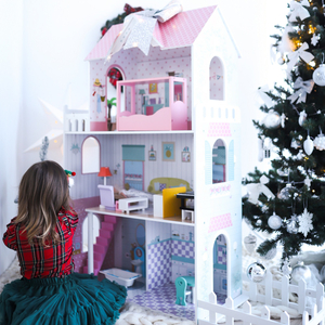 XXL Lielākā koka leļļu māja - 123 cm - LED apgaismojums - terase, aksesuāri, dārzs