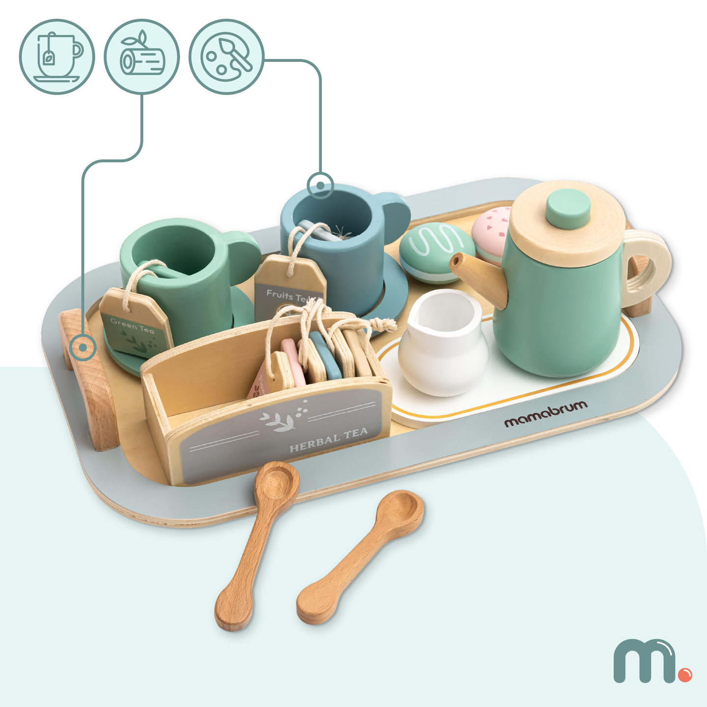 Liels koka tējas piederumu komplekts ar paplāti - 18 gab