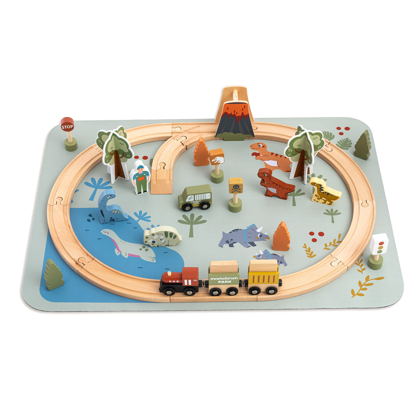 Dino Park koka vilcieniņš ar neslīdošu paklāju - dinozauri, vilcieniņš, sliedes, vulkāns, zvaniņš