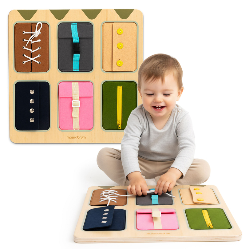 Koka Montessori manipulatīvais dēlis – Sensorā neatkarības apguve - šņores, sprādzes, pogas, spiedpogas, rāvējslēdzējs