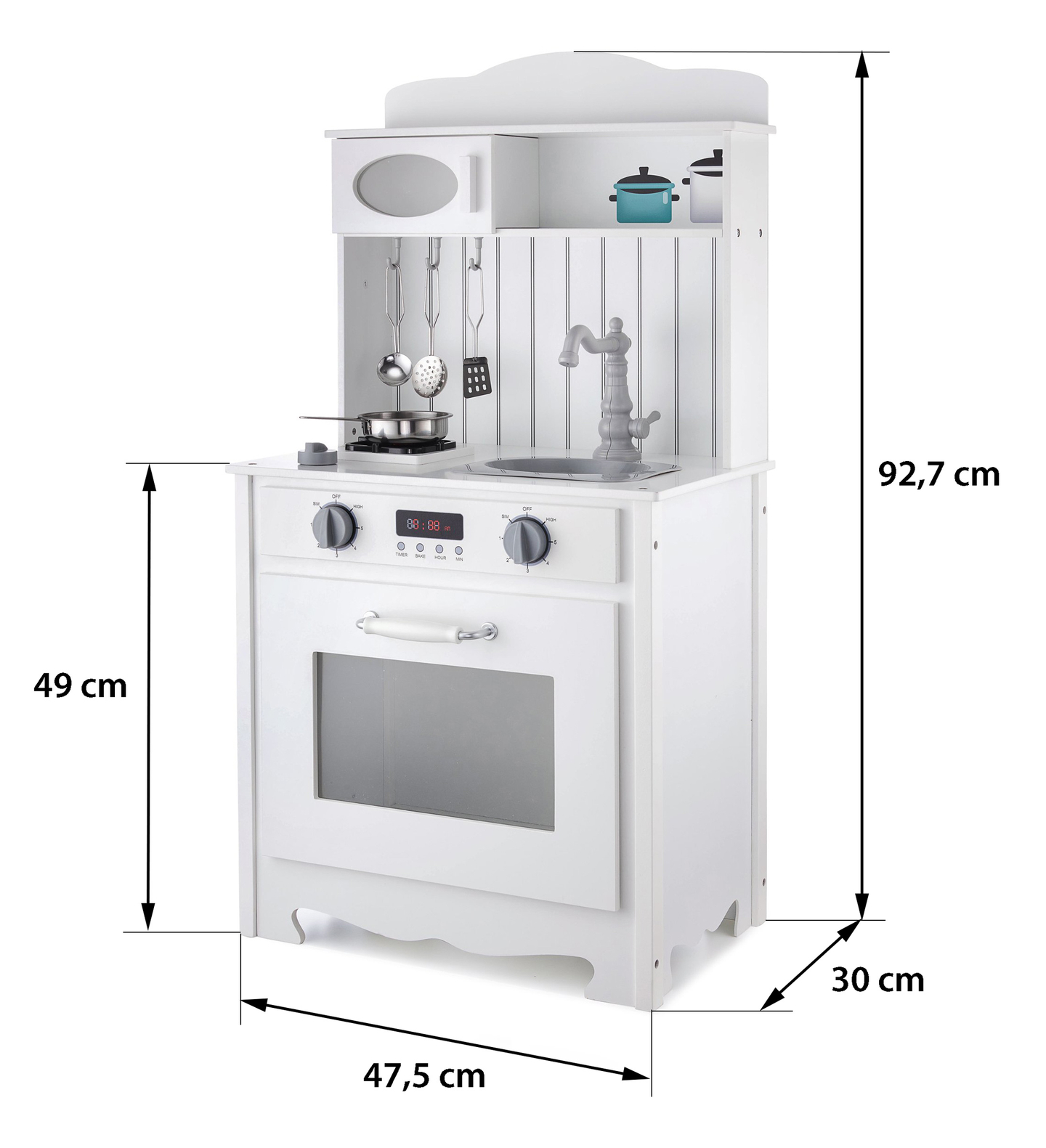 Balta koka virtuve ar priekšautu, piederumiem un LED lampu