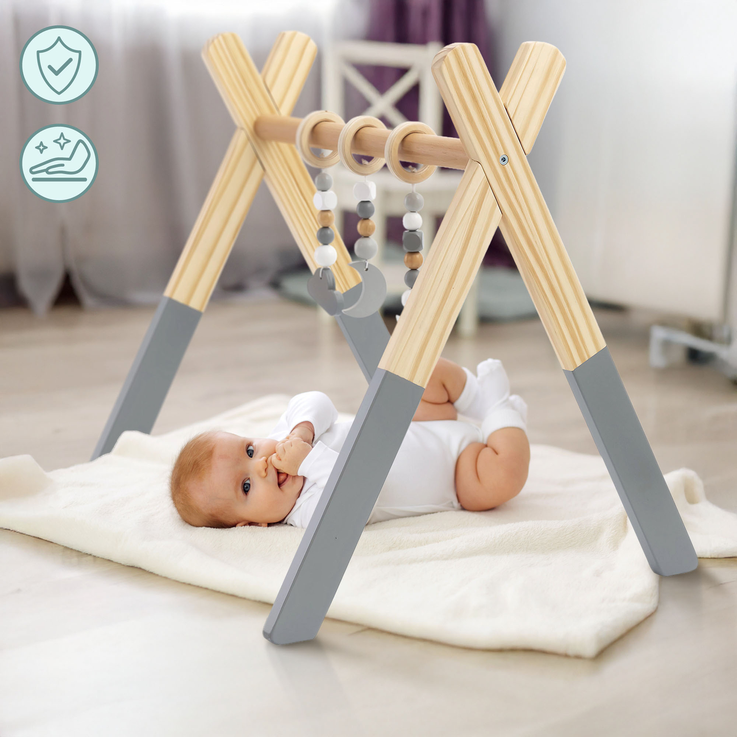 Baby Gym koka mācību stends - pelēka krāsa