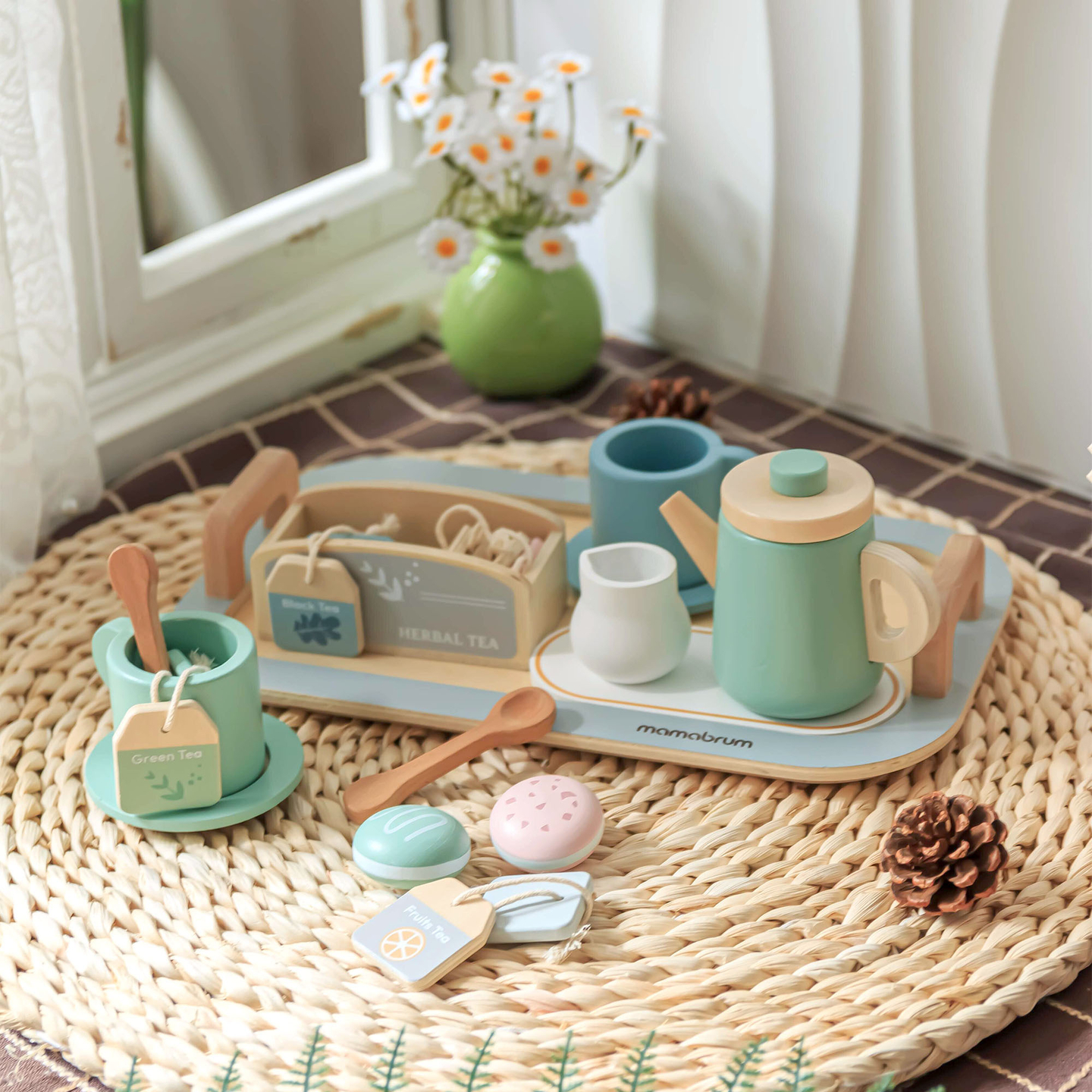 Liels koka tējas piederumu komplekts ar paplāti - 18 gab