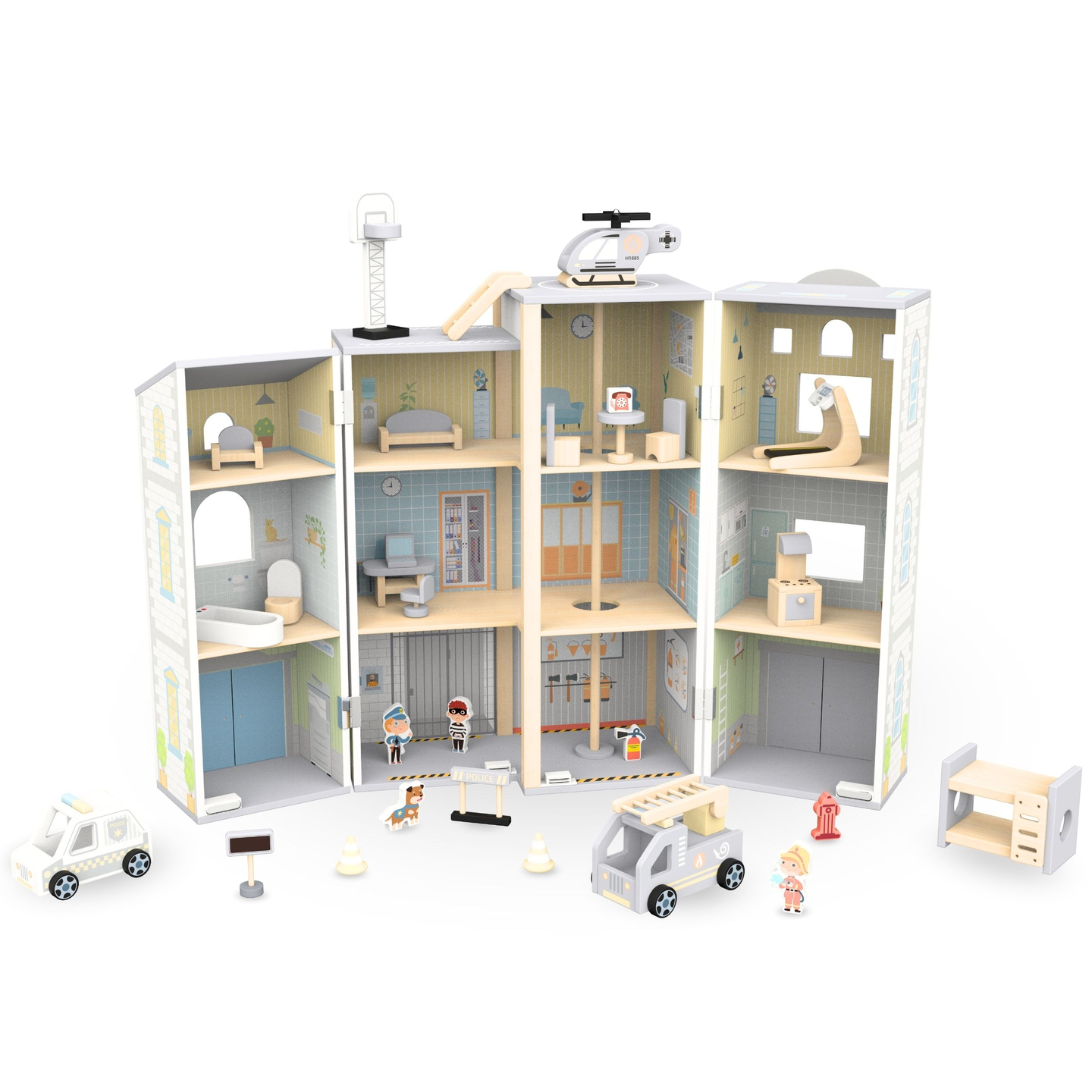 Liels saliekams ugunsdzēsēju depo ar policijas iecirkni - koka komplekts. Ugunsdzēsēju un policijas iecirknis ar piederumiem.