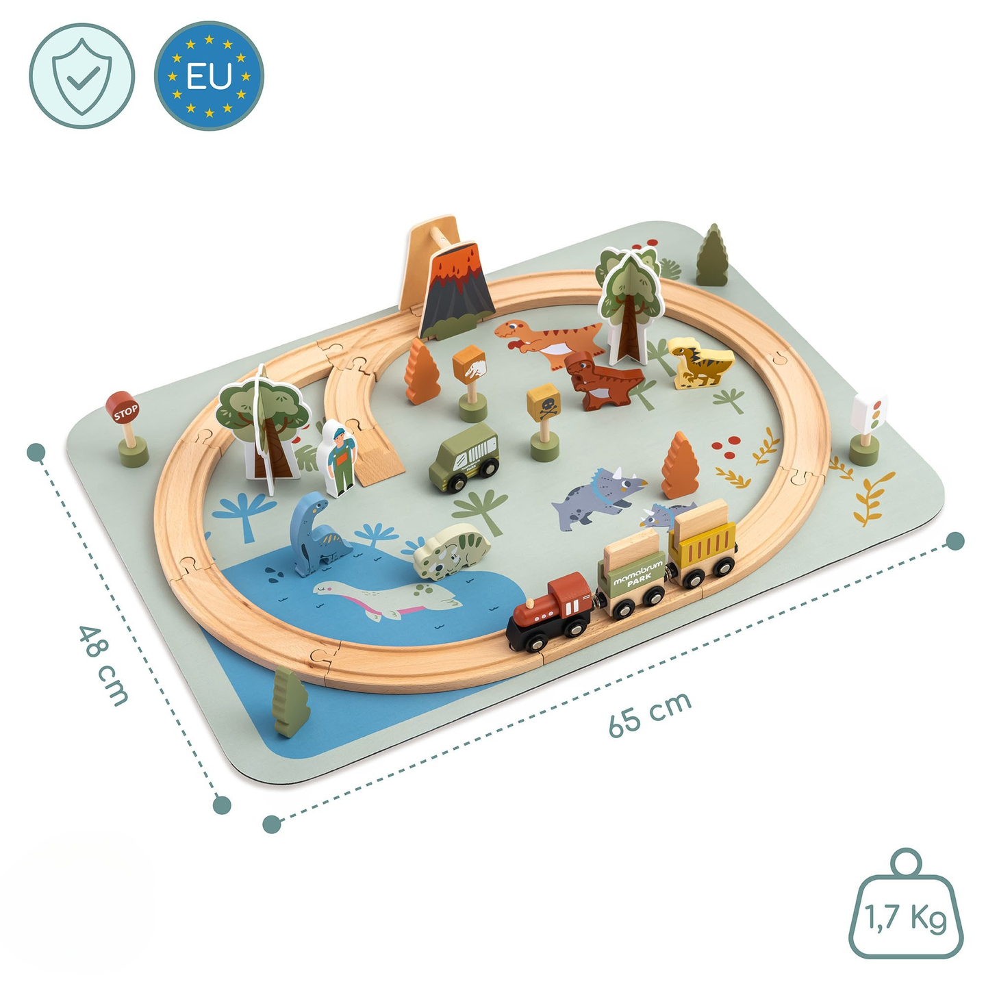 Dino Park koka vilcieniņš ar neslīdošu paklāju - dinozauri, vilcieniņš, sliedes, vulkāns, zvaniņš