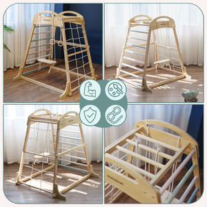 Koka iekštelpu rotaļu laukums ar šūpolēm, vingrošanas riņķiem un kāpšanas tīklu