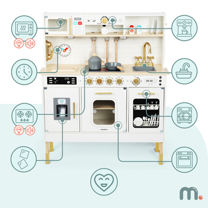 Interaktīvā XXL koka virtuve ar piederumiem un LED apgaismojumu - divlīmeņu