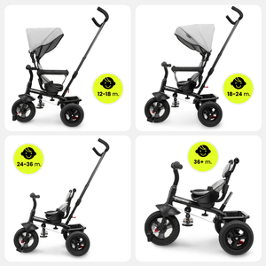 Tricikls bērniem no 1 līdz 4 gadiem - TOBI FREY - pelēka krāsa - grozāms - sūkņa riteņi + stūmējs