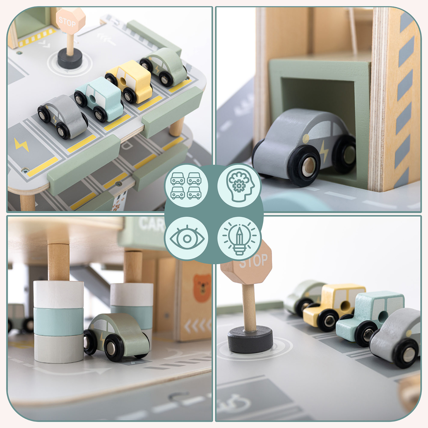 Koka trīsstāvu garāža bērniem ar aksesuāriem – autostāvvieta, degvielas uzpildes stacija, automazgātava, helikopters