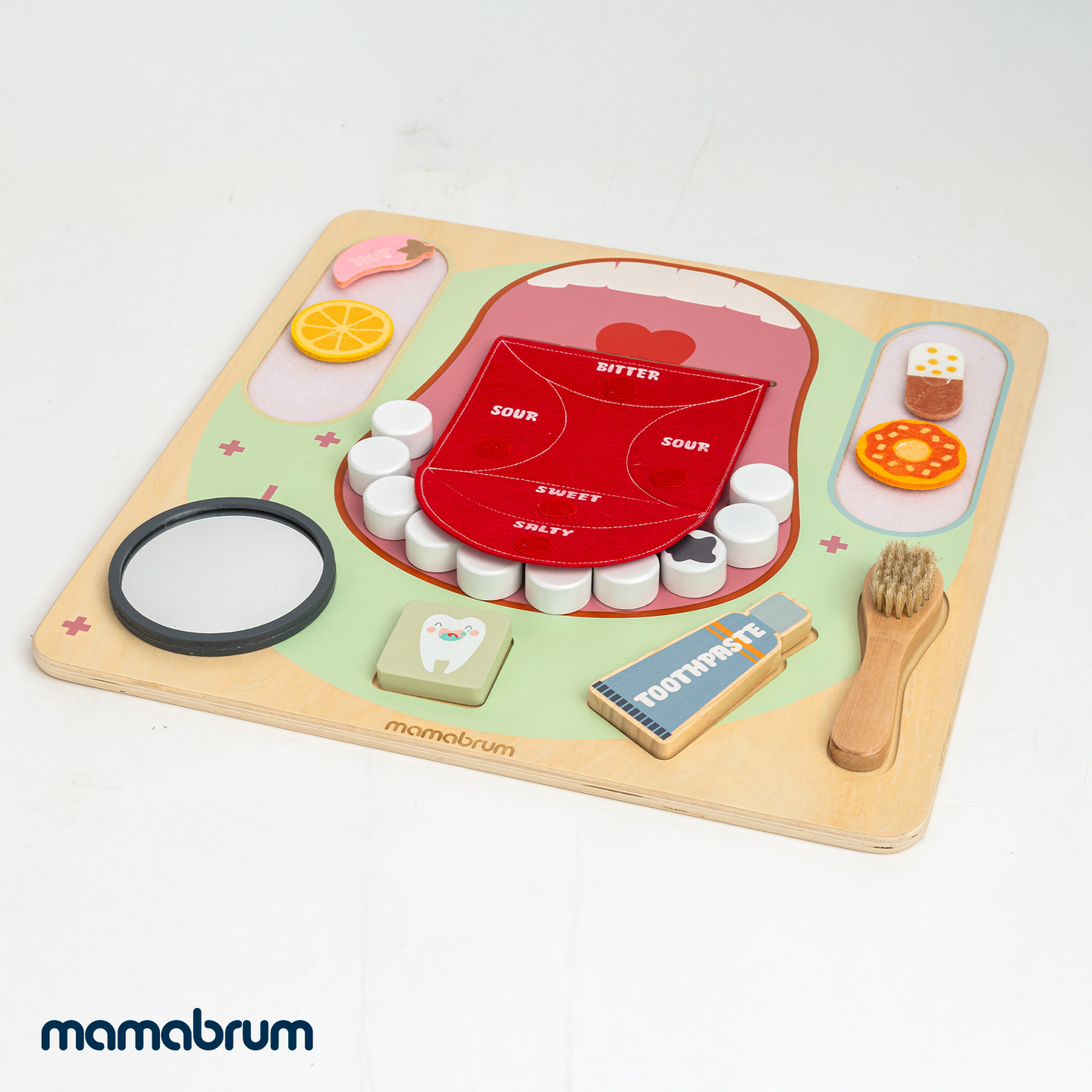 Koka Montessori mācību tāfele Mazais zobārsts - zobu birste, zobu pasta, izņemami zobi, spogulis, ēdiens, mācību garšas