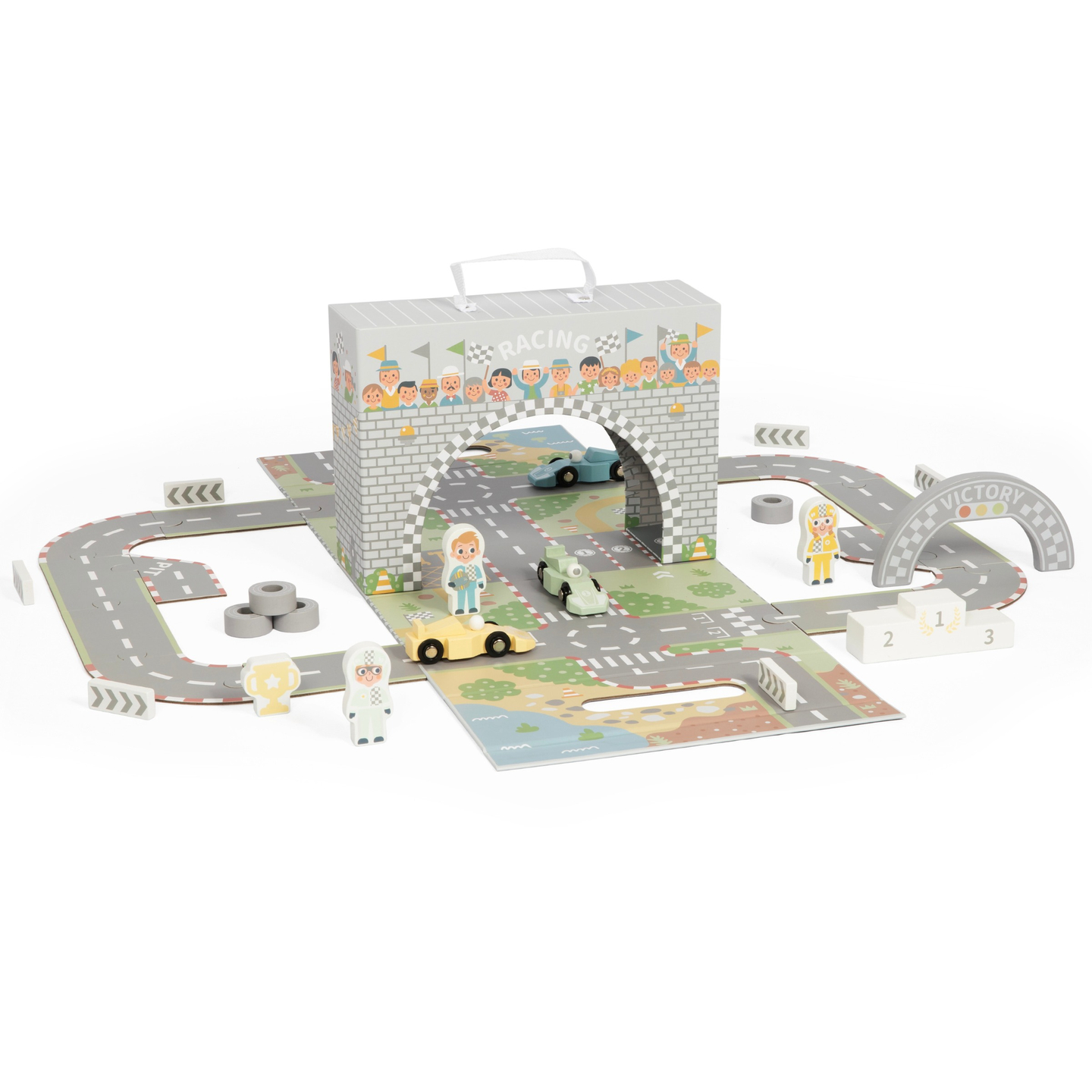 Magnētisks čemodāns ar sacīkšu trasi, koka transportlīdzekļiem un ceļa piederumiem