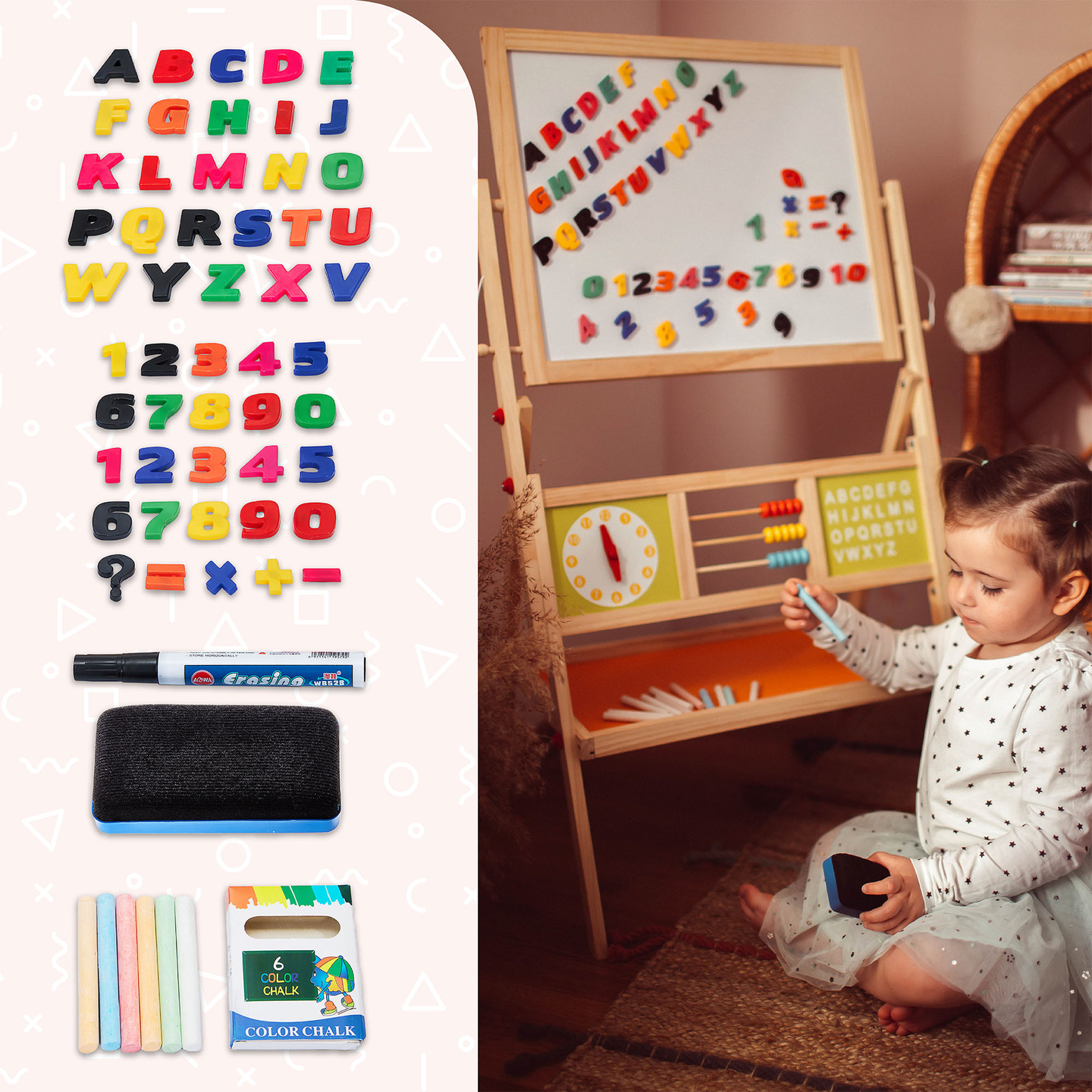 Liela izglītojoša divpusēja tāfele: magnētiskā un krīta tāfele - sausā izdzēšamā tāfele, koka