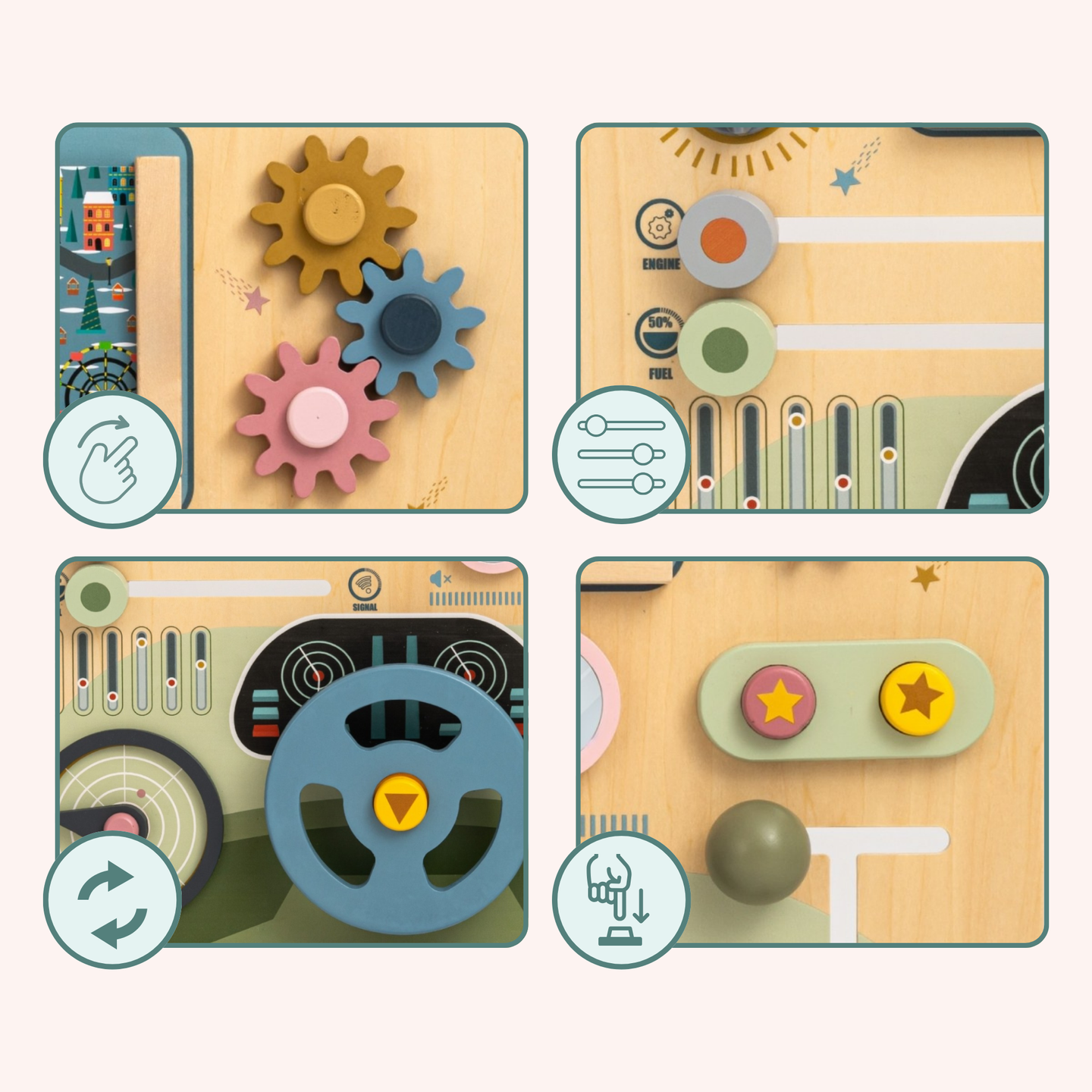 Koka Montessori dēlis 2 vienā kabīne mazajam vadītājam un pilotam – stūre, pārnesumu pārslēgs, ceļojumu kartes, radars