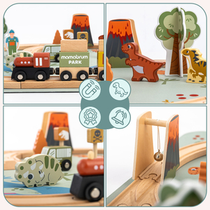 Dino Park koka vilcieniņš ar neslīdošu paklāju - dinozauri, vilcieniņš, sliedes, vulkāns, zvaniņš