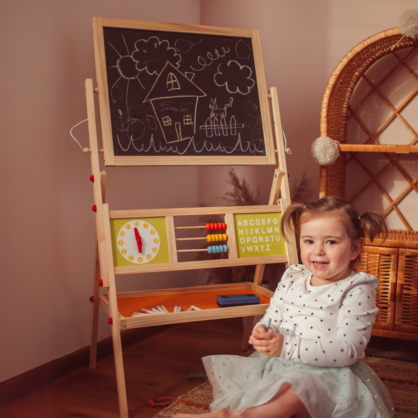 Liela izglītojoša divpusēja tāfele: magnētiskā un krīta tāfele - sausā izdzēšamā tāfele, koka