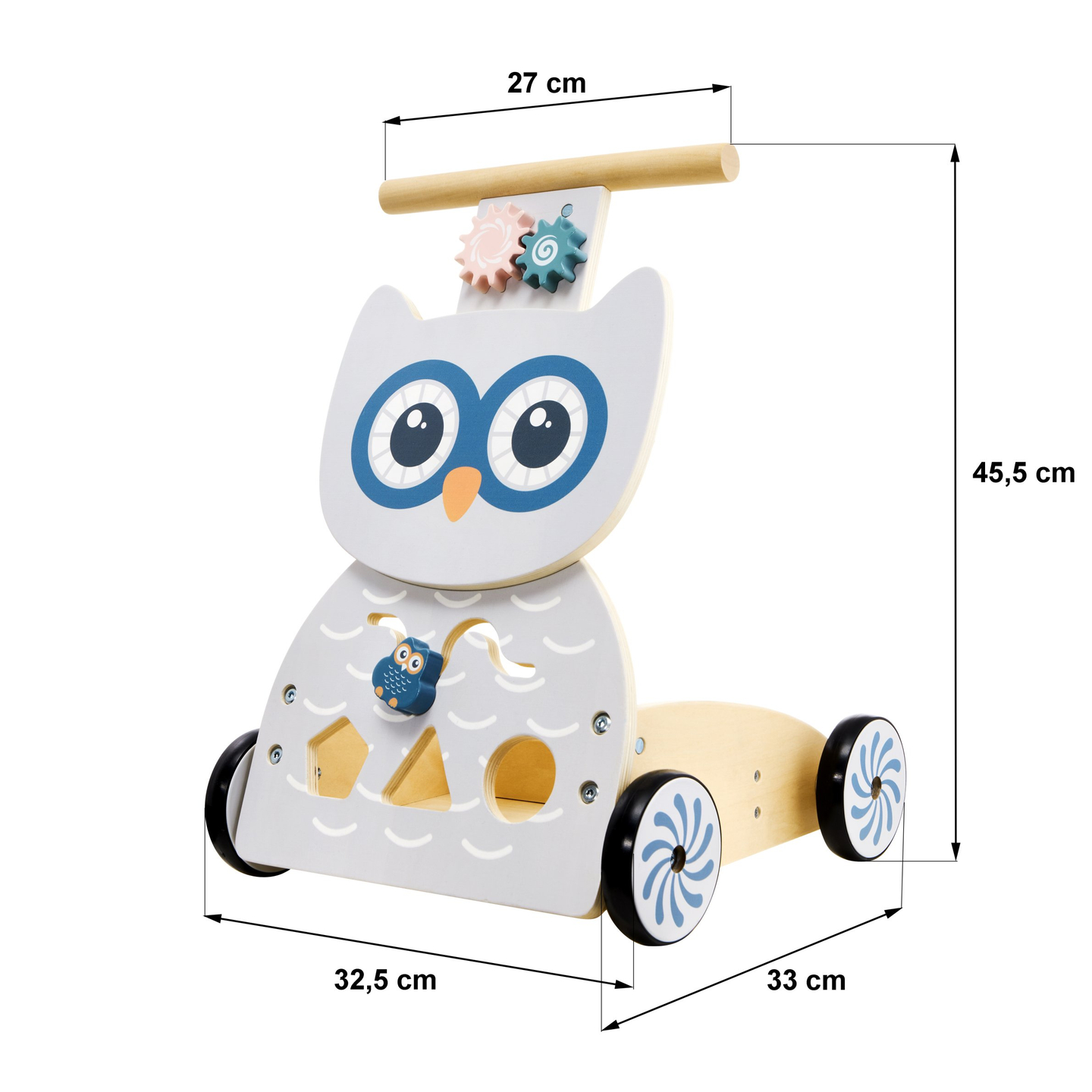 Koka daudzfunkcionāls stūmējs - stūmējs - ratiņi ar klučiem - Pūce