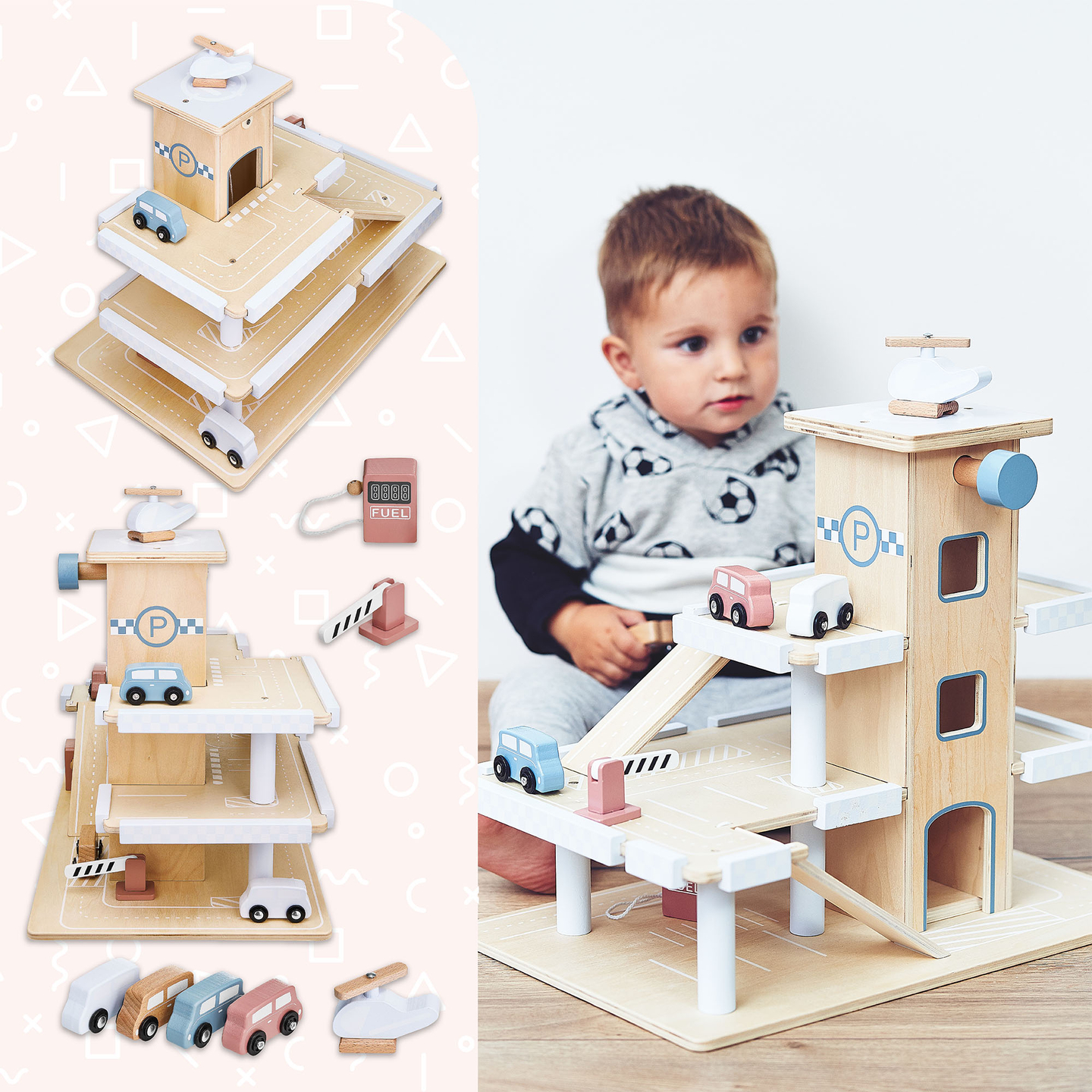 Koka trīsstāvu autostāvvieta ar liftu - garāža ar automašīnām un helikopteru