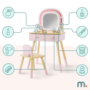 Koka bērnu tualetes galdiņš ar LED apgaismojumu un vienmērīgu spilgtuma regulēšanu, krēsls un aksesuāri