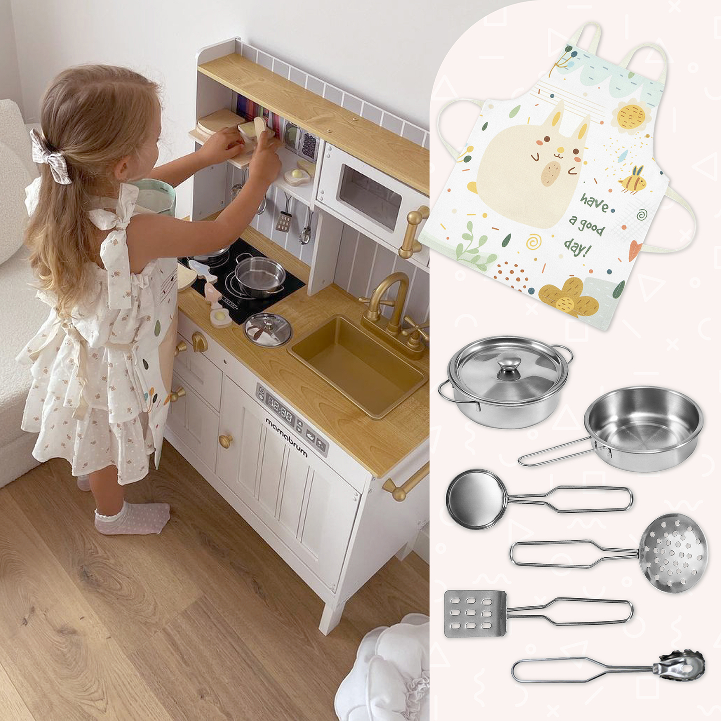 Koka balta virtuve ar piederumiem un priekšautu