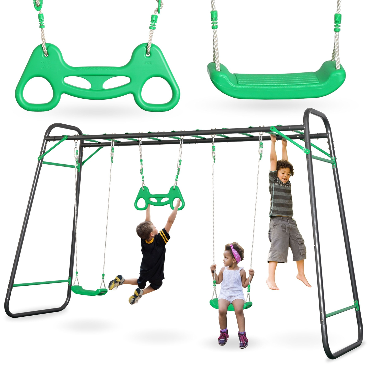 XXL tērauda dārza šūpoles - 2 sēdvietas, kāpnes, vingrošanas trapeces