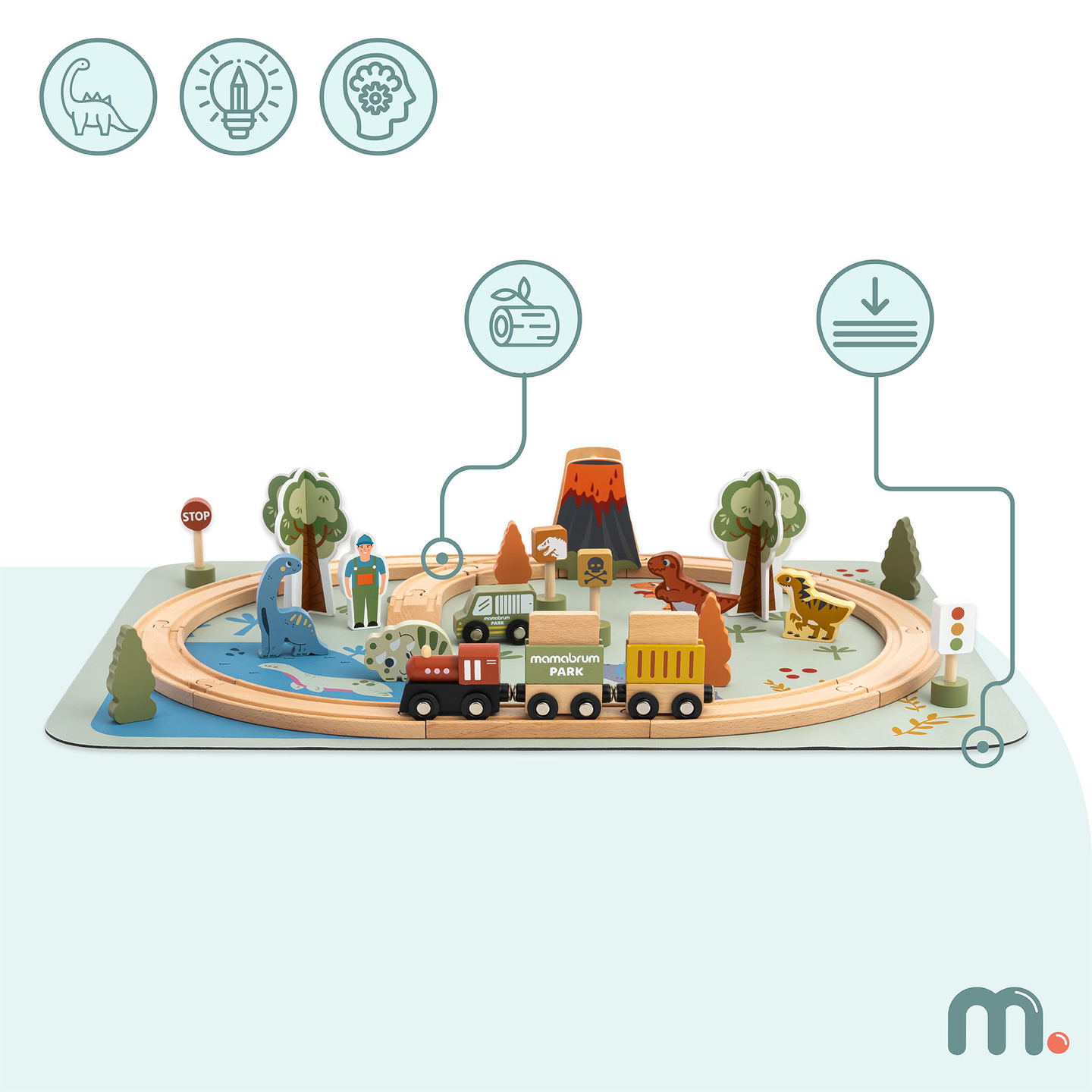 Dino Park koka vilcieniņš ar neslīdošu paklāju - dinozauri, vilcieniņš, sliedes, vulkāns, zvaniņš