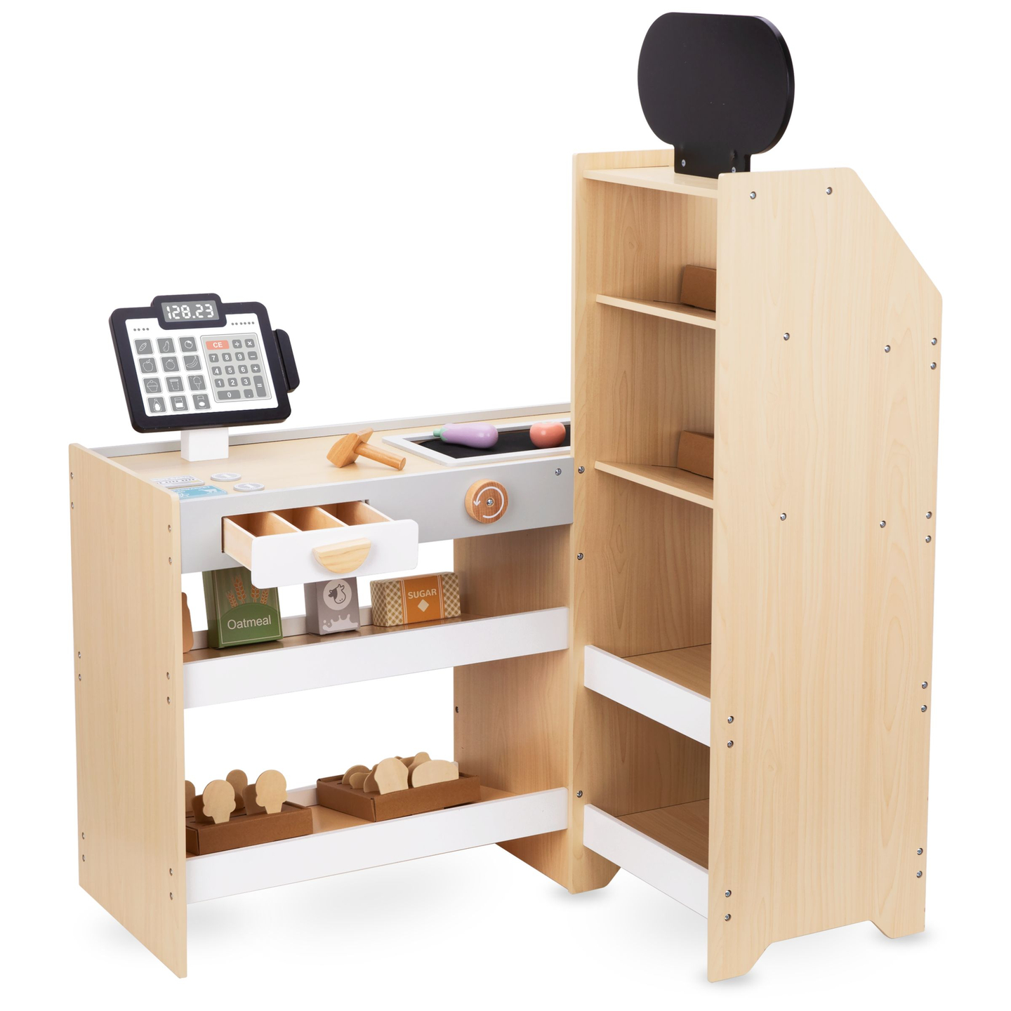 Koka dārzeņu tirgus - liels XXL stends, veikals ar spēļu kases aparātu