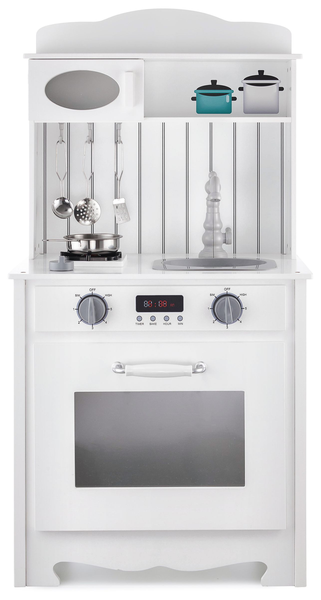 Balta koka virtuve ar priekšautu, piederumiem un LED lampu