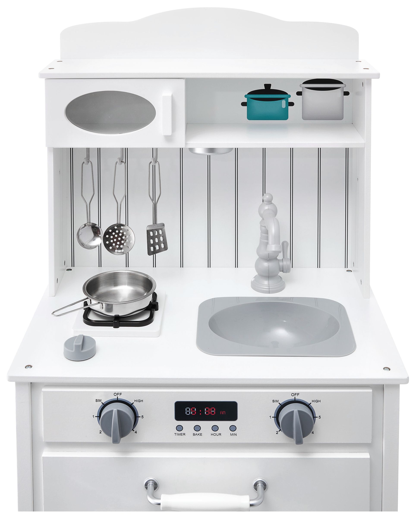 Balta koka virtuve ar priekšautu, piederumiem un LED lampu