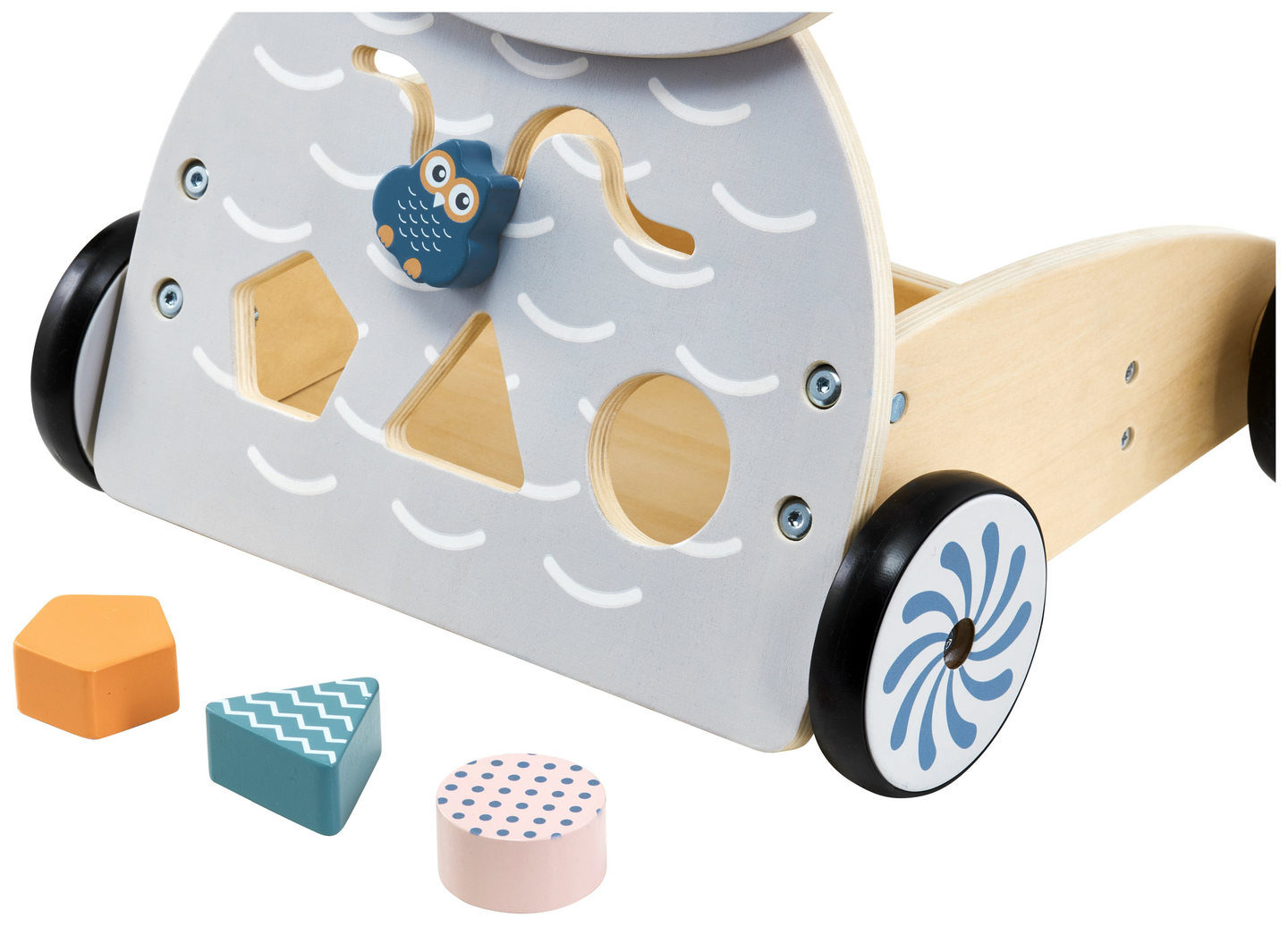 Koka daudzfunkcionāls stūmējs - stūmējs - ratiņi ar klučiem - Pūce