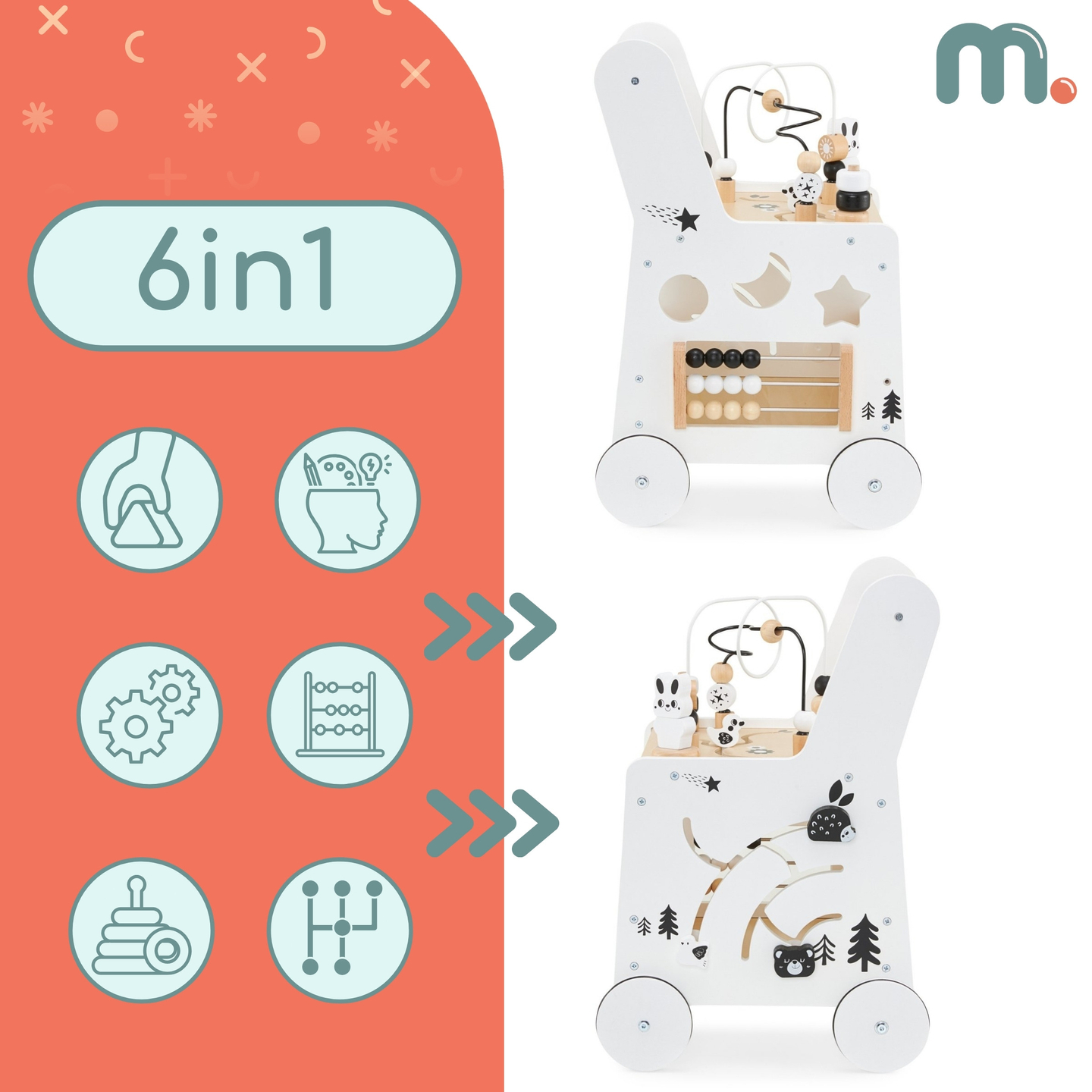 6in1 koka bērnu ratiņi, staigulītis ar mācību galda funkciju