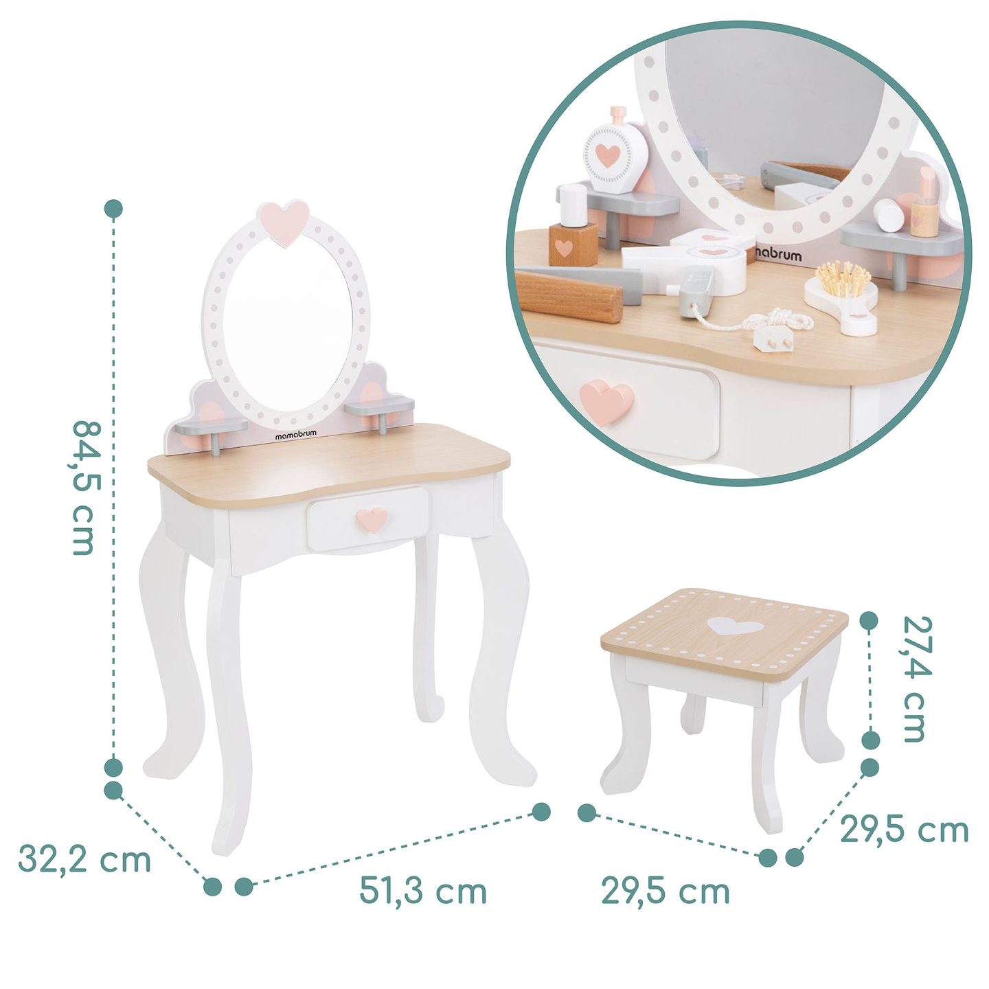 Koka tualetes galdiņš ar tabureti un piederumiem