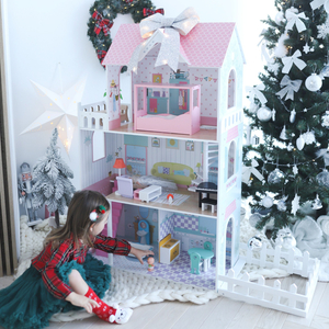 XXL Lielākā koka leļļu māja - 123 cm - LED apgaismojums - terase, aksesuāri, dārzs