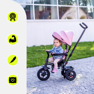 Tricikls bērniem no 1 līdz 4 gadiem - TOBI FREY - rozā krāsā - grozāms - sūkņa riteņi + stūmējs