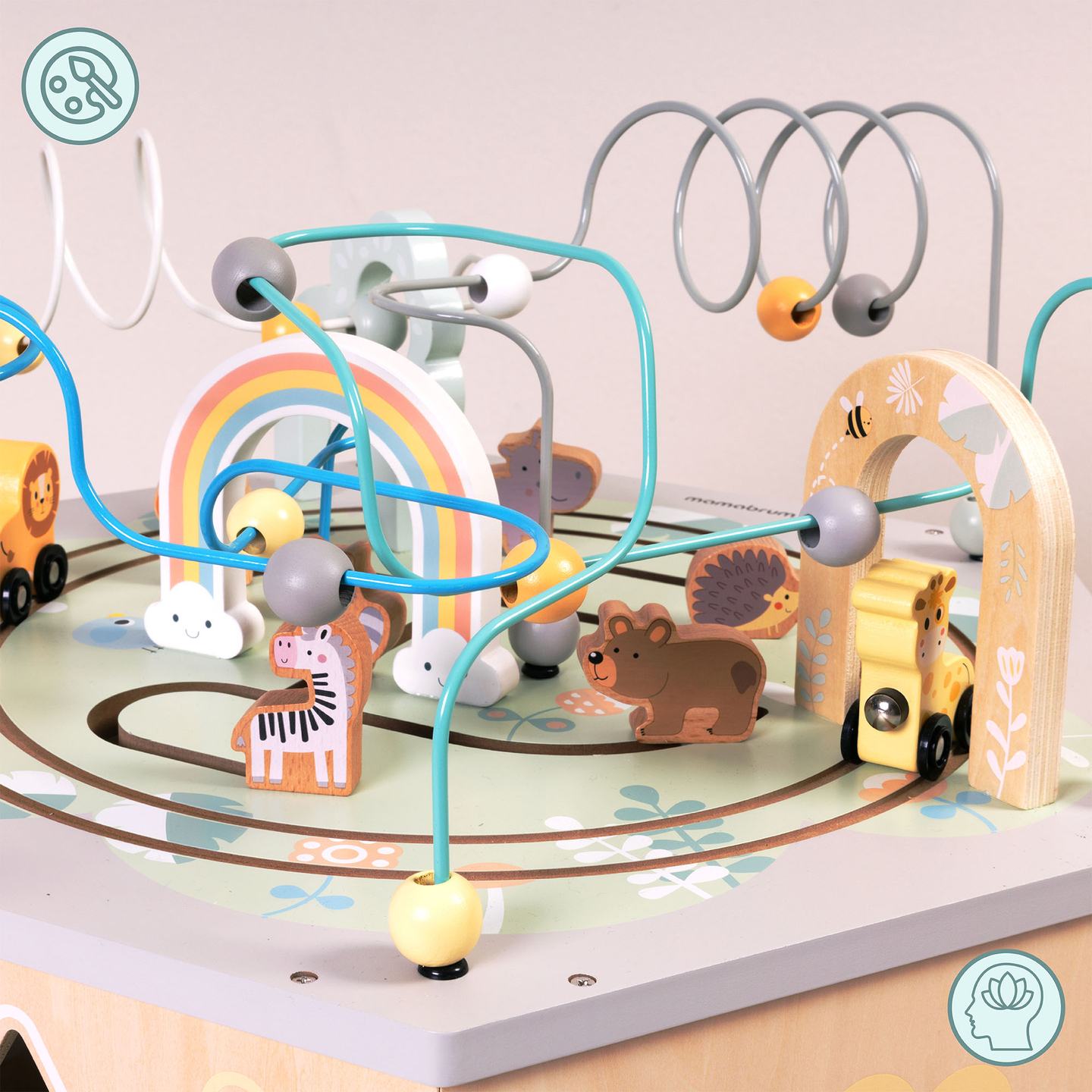 Liels koka izglītojošs kubs - Montessori rotaļlieta ar magnētisku vilcieniņu un motora cilpām