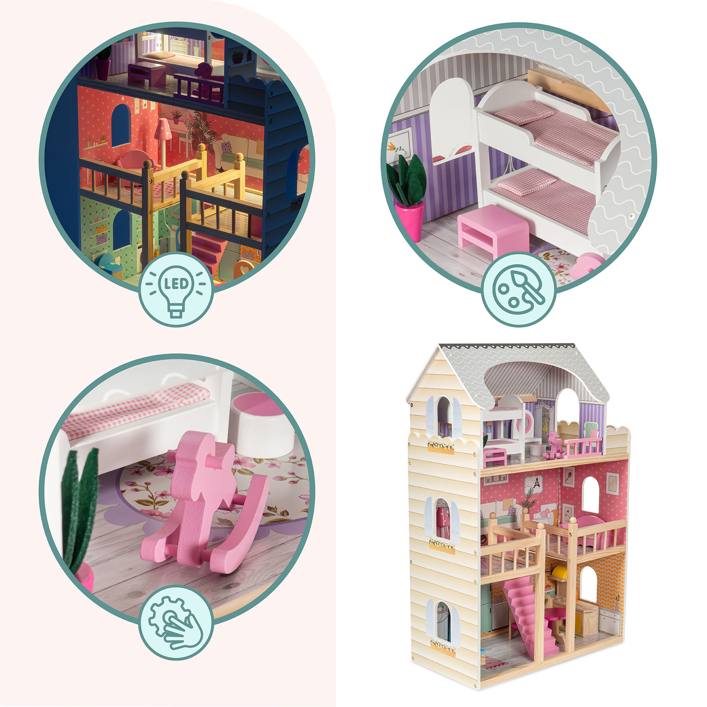 Liela koka trīsstāvu leļļu māja ar terasi, mēbeļu komplektu un LED apgaismojumu!