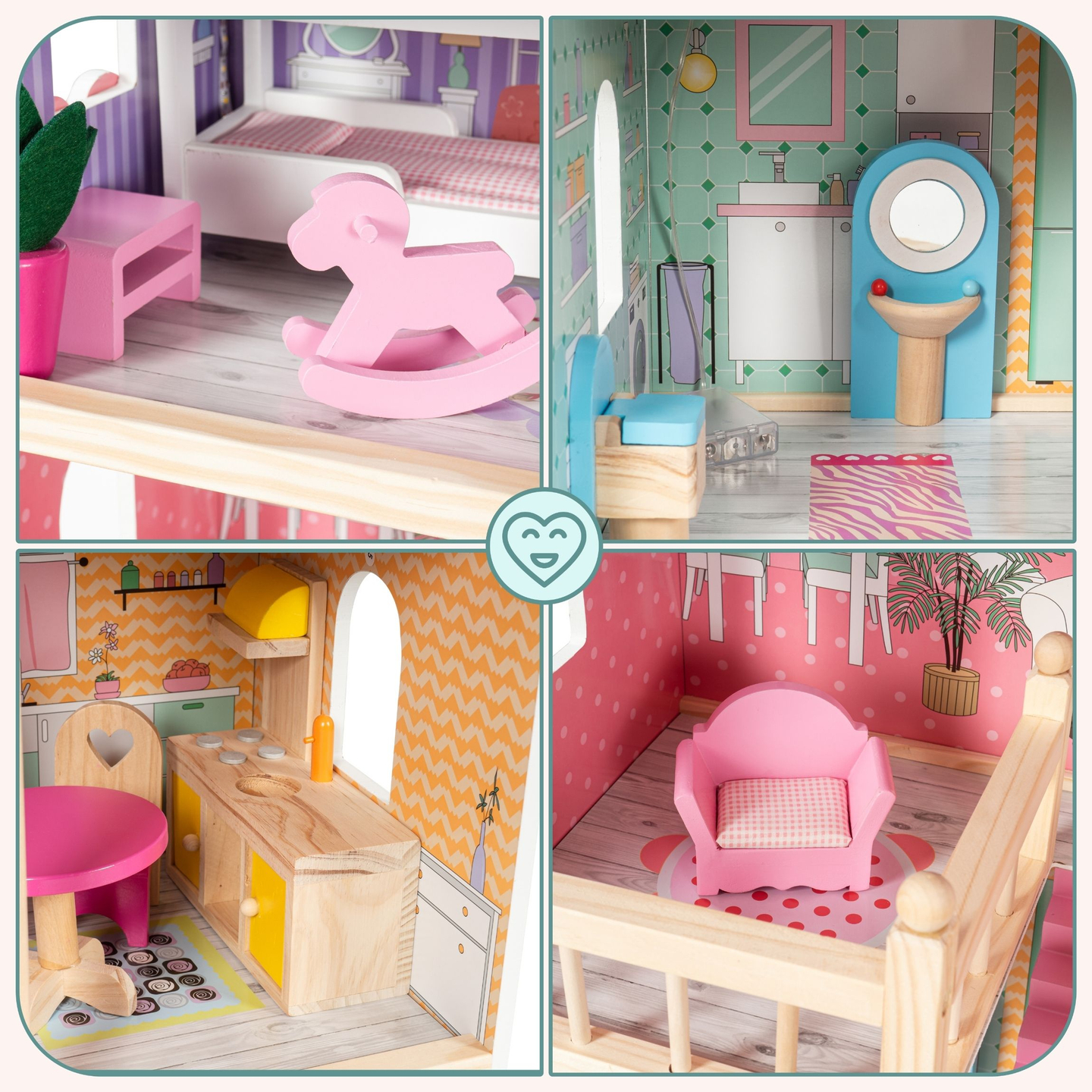 Liela koka trīsstāvu leļļu māja ar terasi, mēbeļu komplektu un LED apgaismojumu!