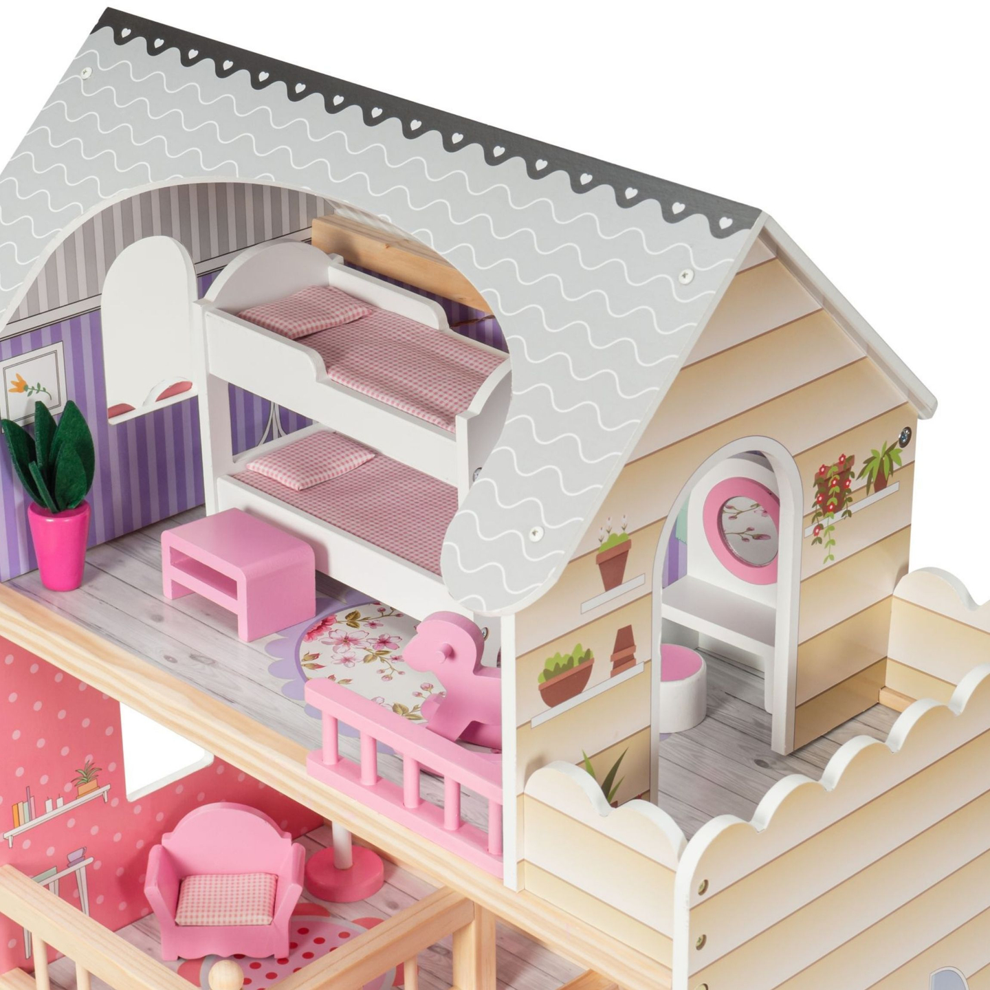 Liela koka trīsstāvu leļļu māja ar terasi, mēbeļu komplektu un LED apgaismojumu!