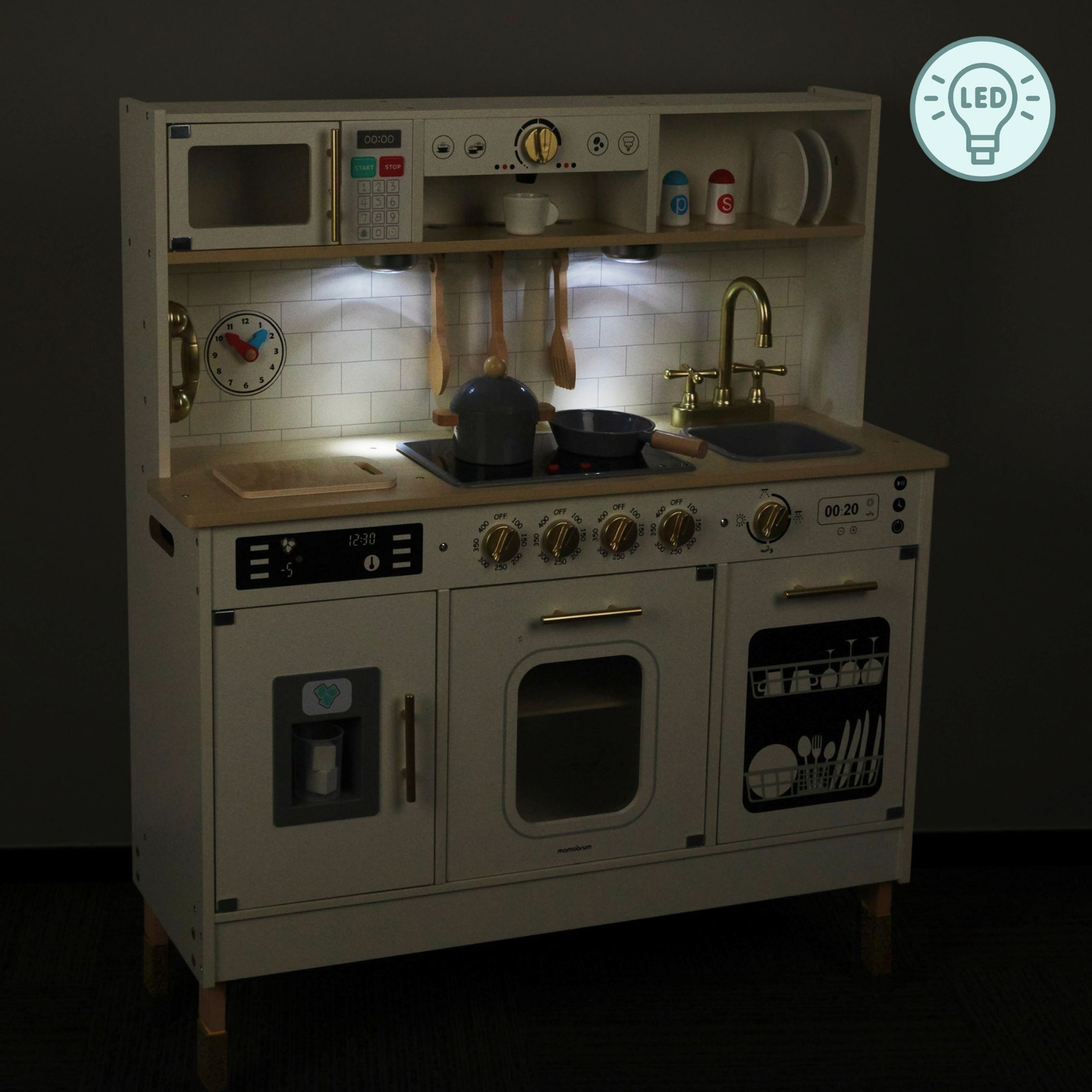 Interaktīvā XXL koka virtuve ar piederumiem un LED apgaismojumu - divlīmeņu