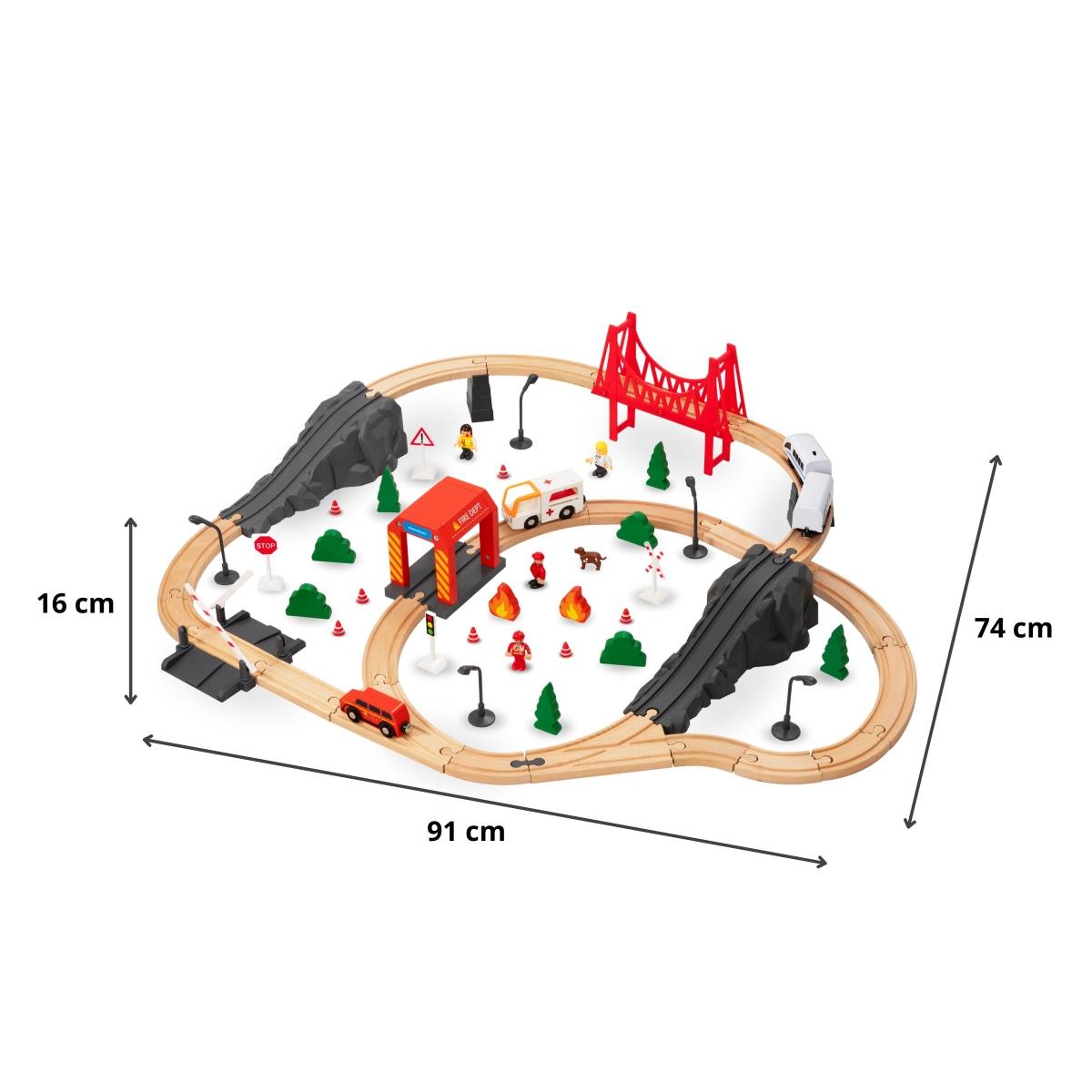 Koka vilciens, ar akumulatoru darbināms vilciens - Ugunsdzēsēji, sliedes, automašīnas, tilti, barjera