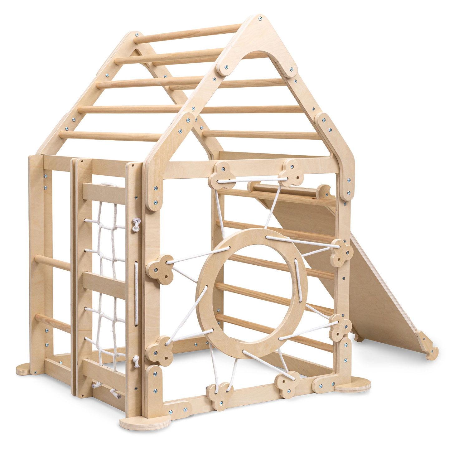 Koka iekštelpu rotaļu laukums bērniem - mājiņa ar kāpnēm un slidkalniņu