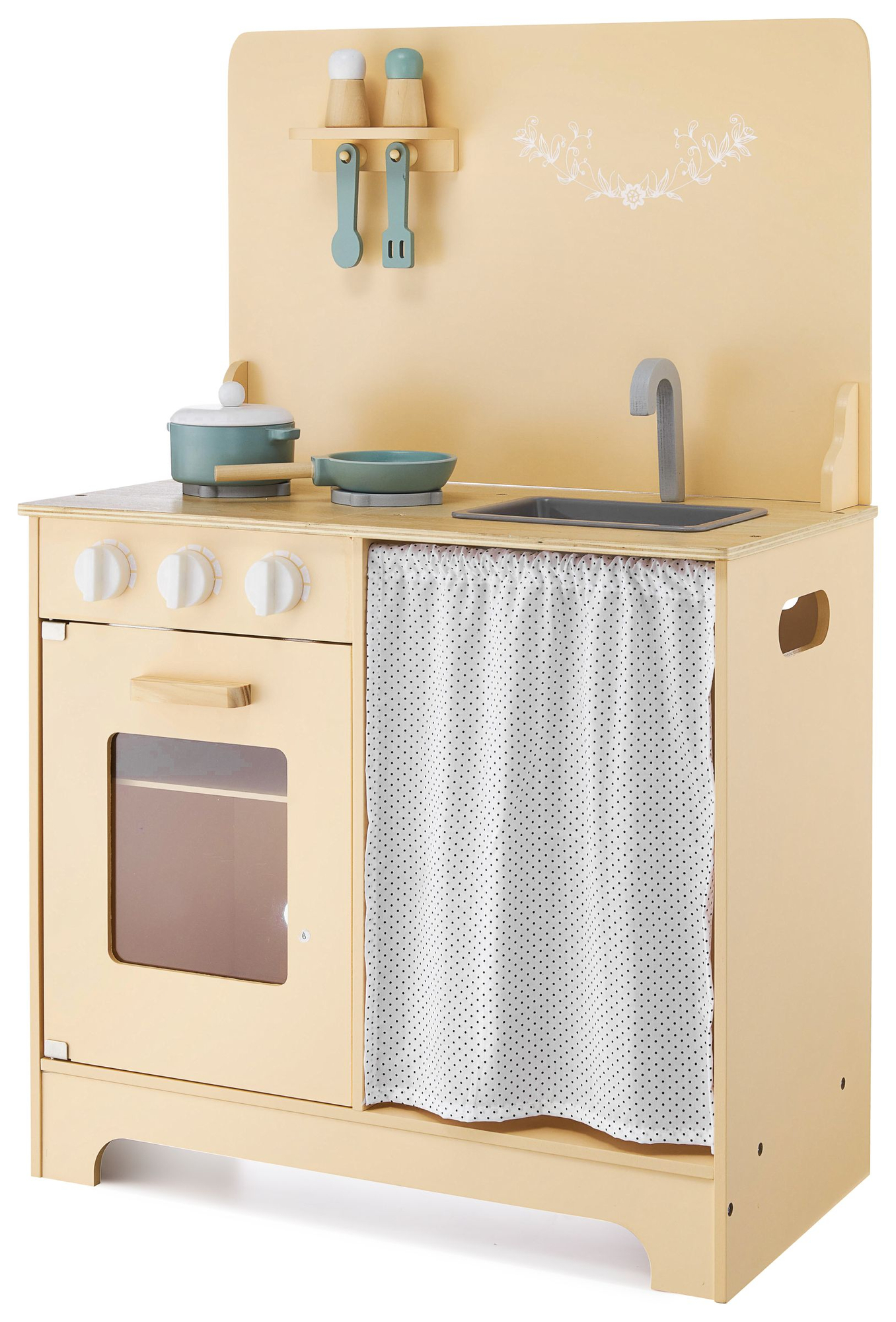 Koka virtuve ar priekšautu, aksesuāriem un LED apgaismojumu