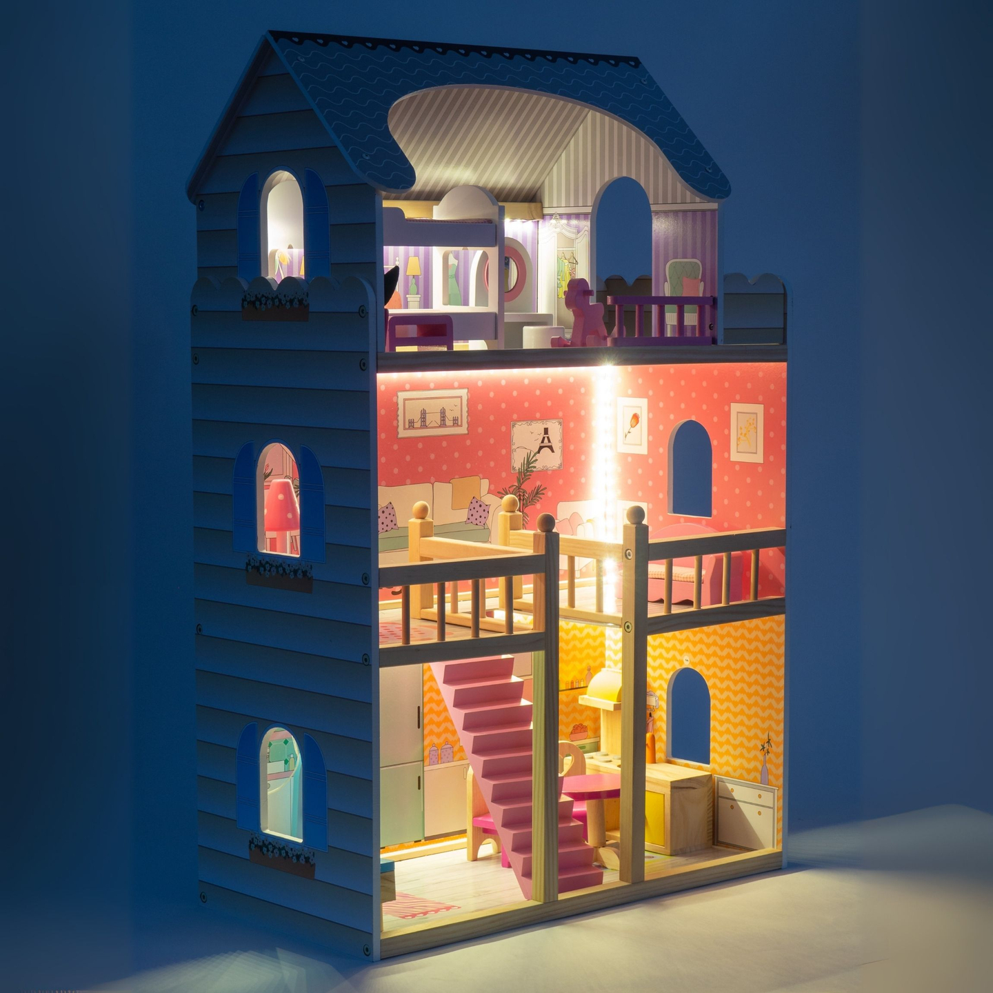 Liela koka trīsstāvu leļļu māja ar terasi, mēbeļu komplektu un LED apgaismojumu!
