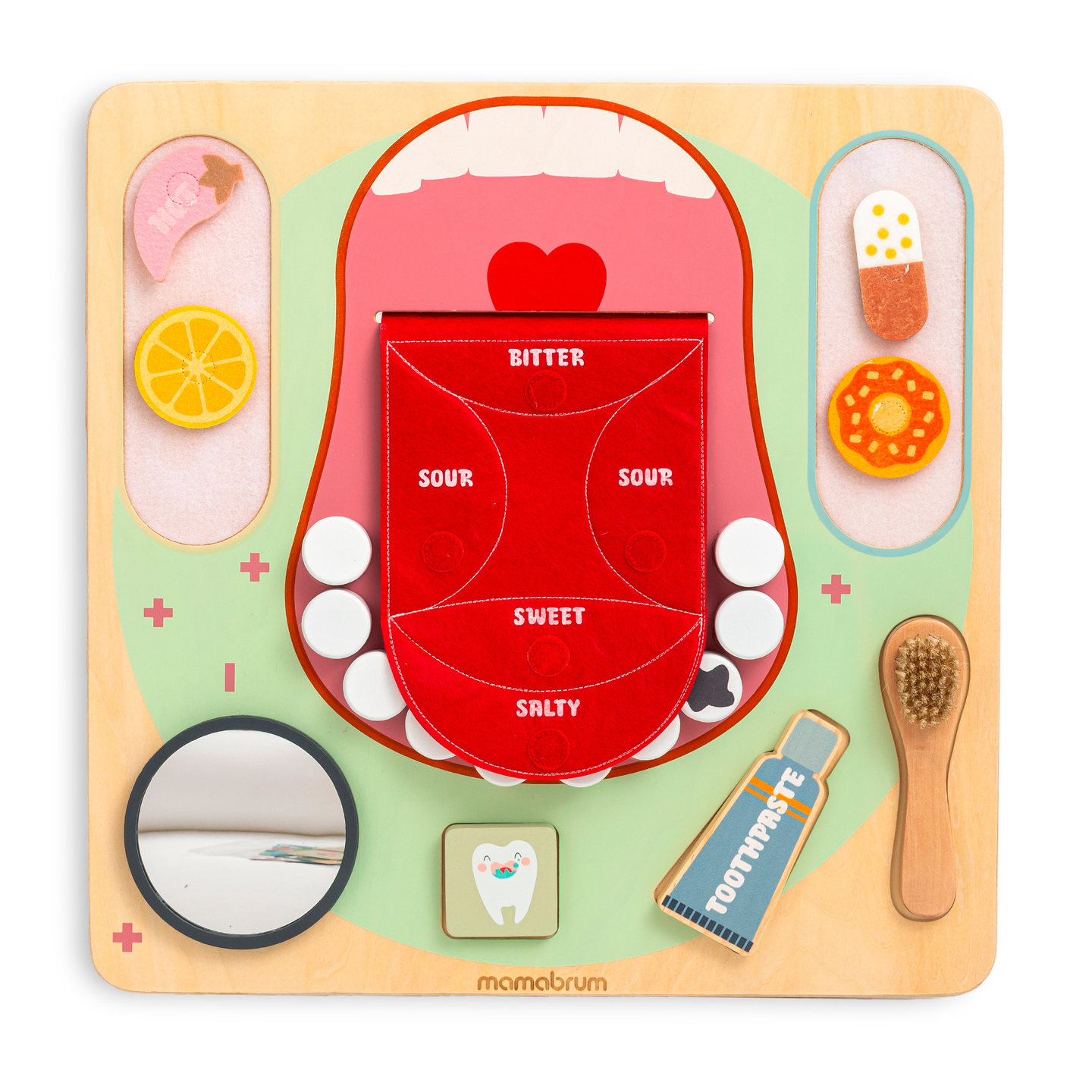 Koka Montessori mācību tāfele Mazais zobārsts - zobu birste, zobu pasta, izņemami zobi, spogulis, ēdiens, mācību garšas