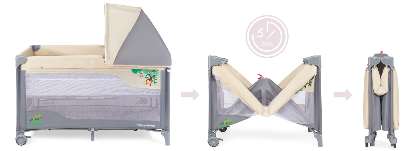 Ceļojumu gultiņa 0 - 36 m ar pārtinamo galdu + Moby-System HUXLEY sētiņa