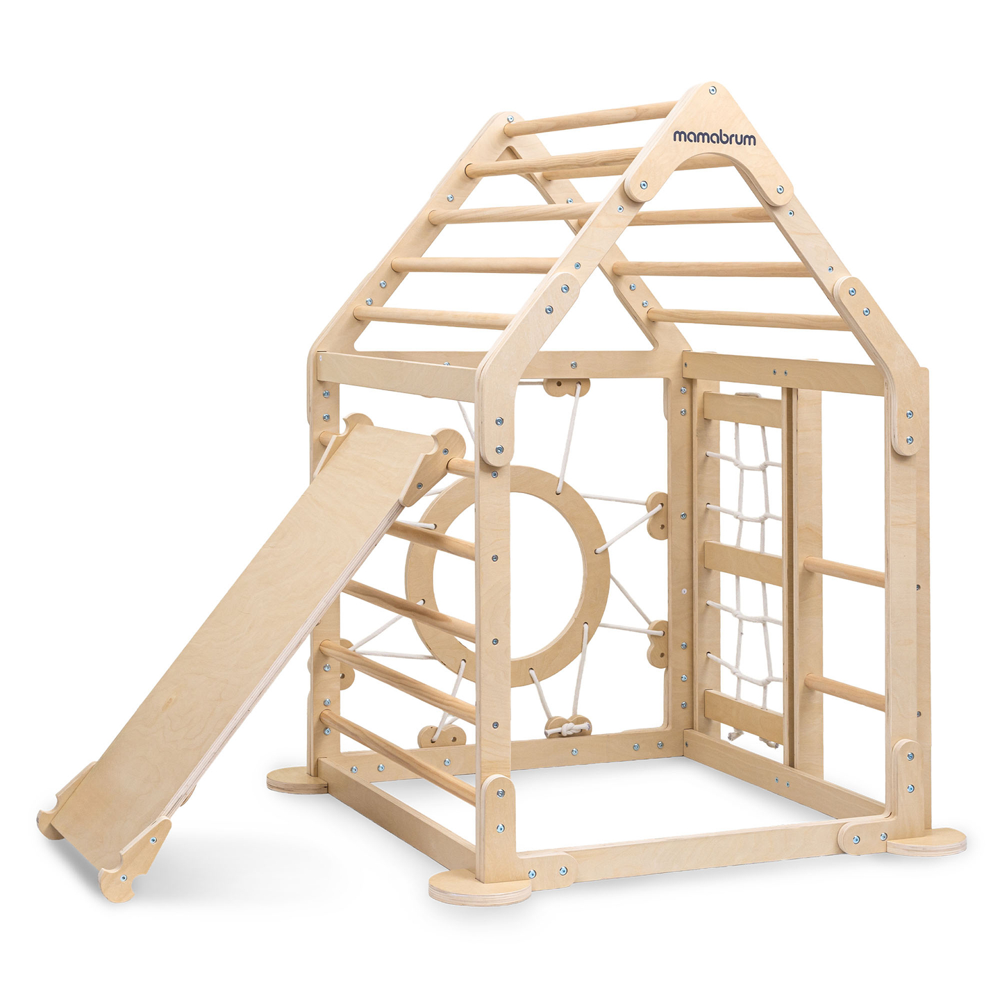 Koka iekštelpu rotaļu laukums bērniem - mājiņa ar kāpnēm un slidkalniņu